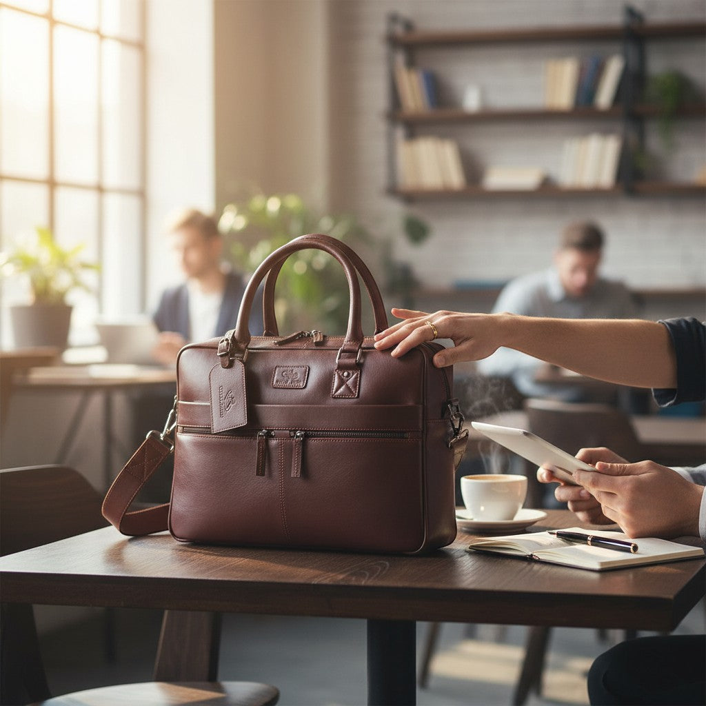 Chris Louis brown genuine leather briefcase with top handles and detachable shoulder strap, front zip pockets.