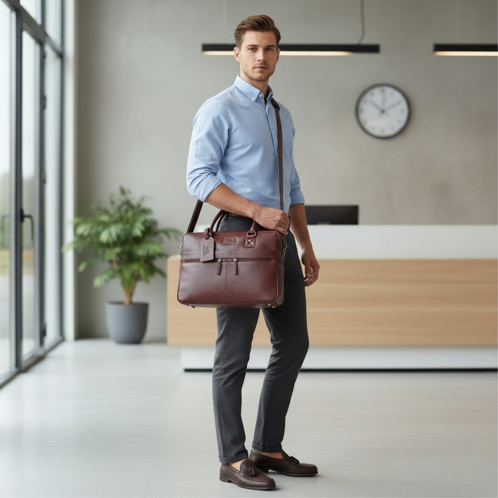 Chris Louis brown genuine leather briefcase with zippered pockets and top handles, worn by a woman in an office setting.