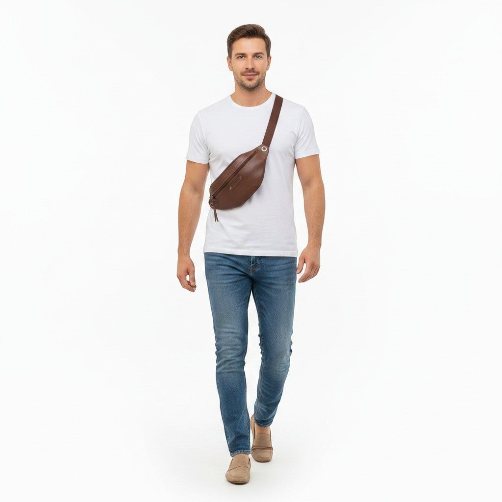 Chris Louis brown leather unisex bum bag worn across the chest by a man in a white t-shirt and jeans.