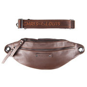 Chris Louis brown leather unisex bum bag with multiple zipper compartments and adjustable strap.
