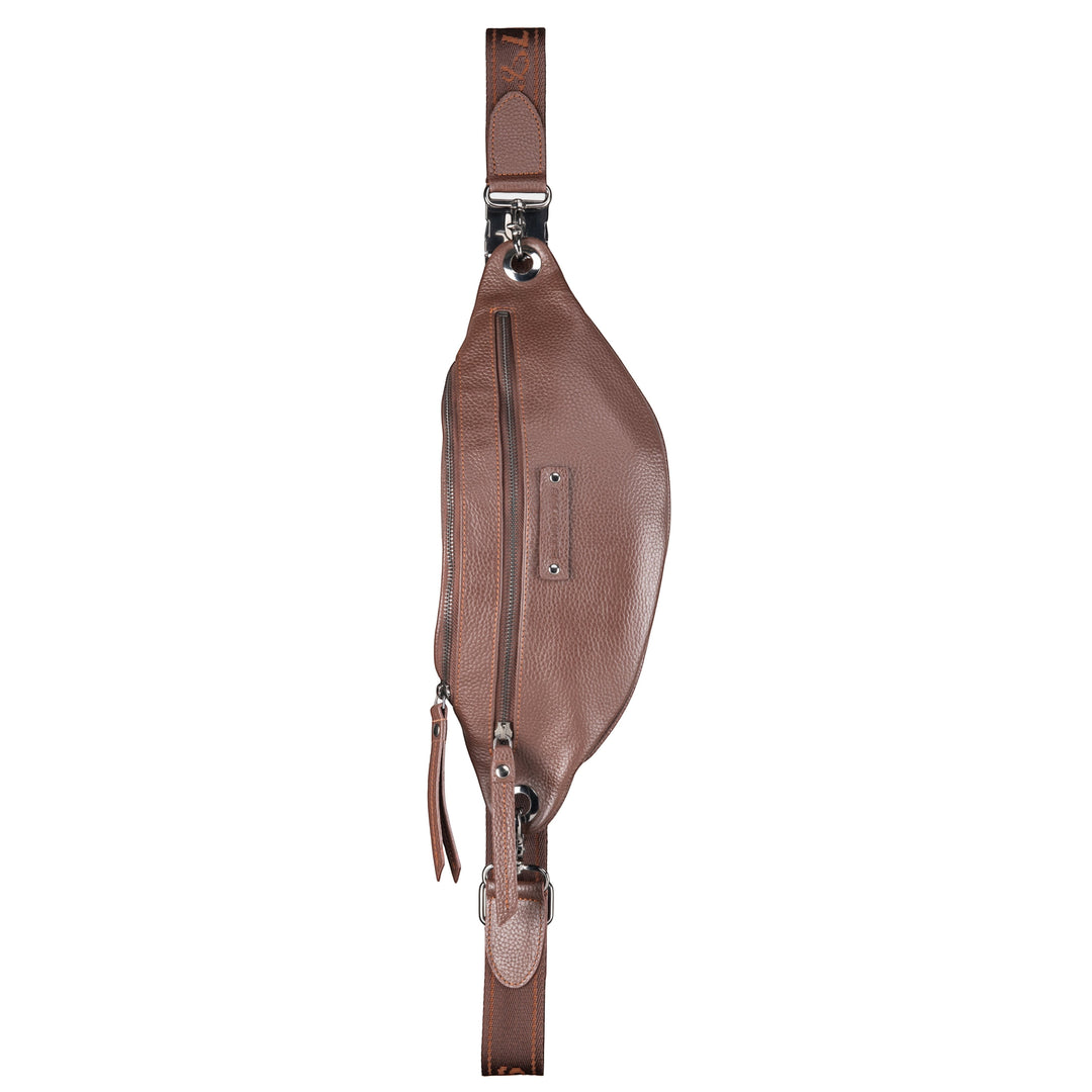 Chris Louis brown full grain leather unisex bum bag with multiple zipper compartments and adjustable strap.