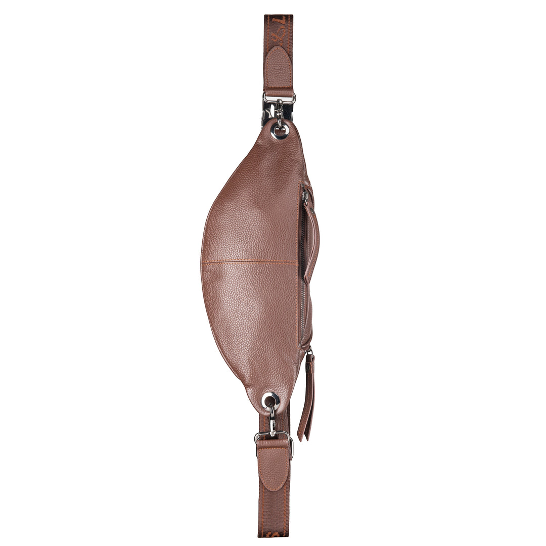 Chris Louis brown full grain leather unisex bum bag with multiple zipper compartments and adjustable strap.