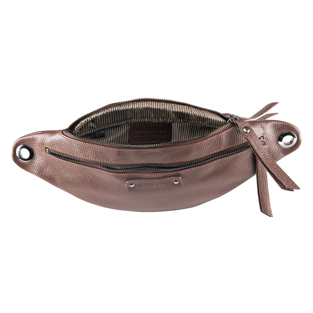 Chris Louis brown full grain leather unisex bum bag with multiple zipper compartments and adjustable strap.