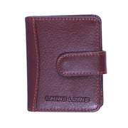 Chris Louis brown genuine leather RFID protected card case with loop closure and orange stitching.