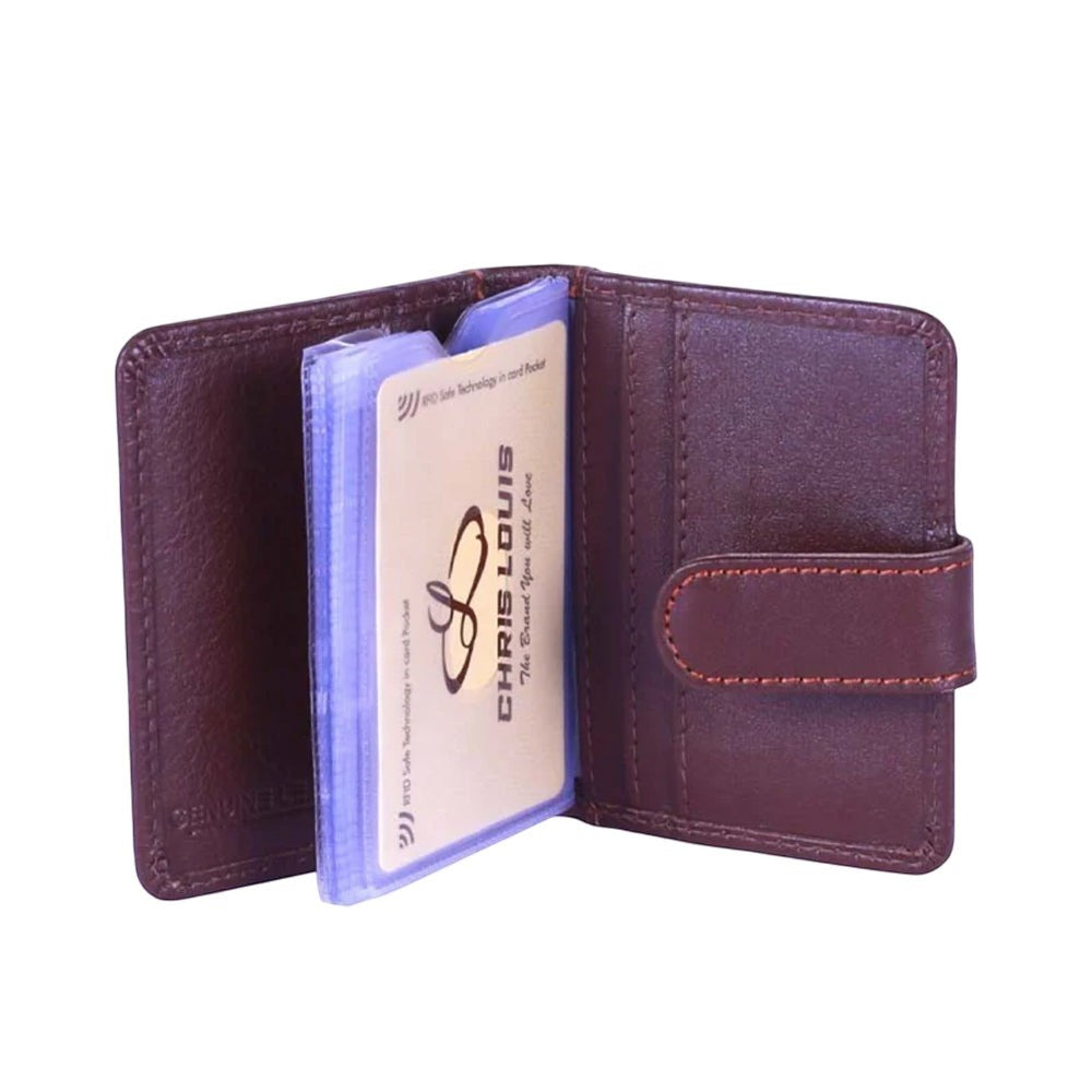 Chris Louis brown genuine leather RFID protected card case with 6 card slots and 20 transparent sleeves.