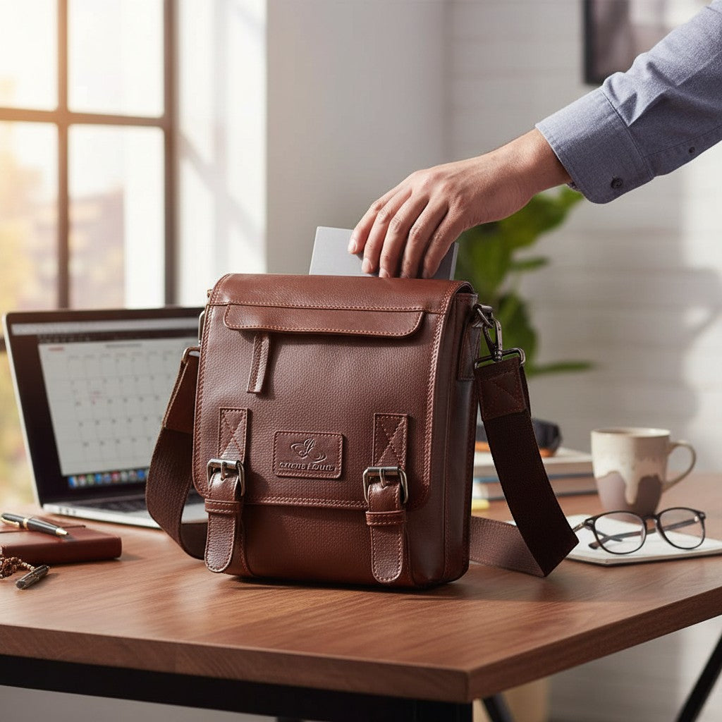 Chris Louis brown genuine leather crossbody travel bag with front buckles and adjustable strap.