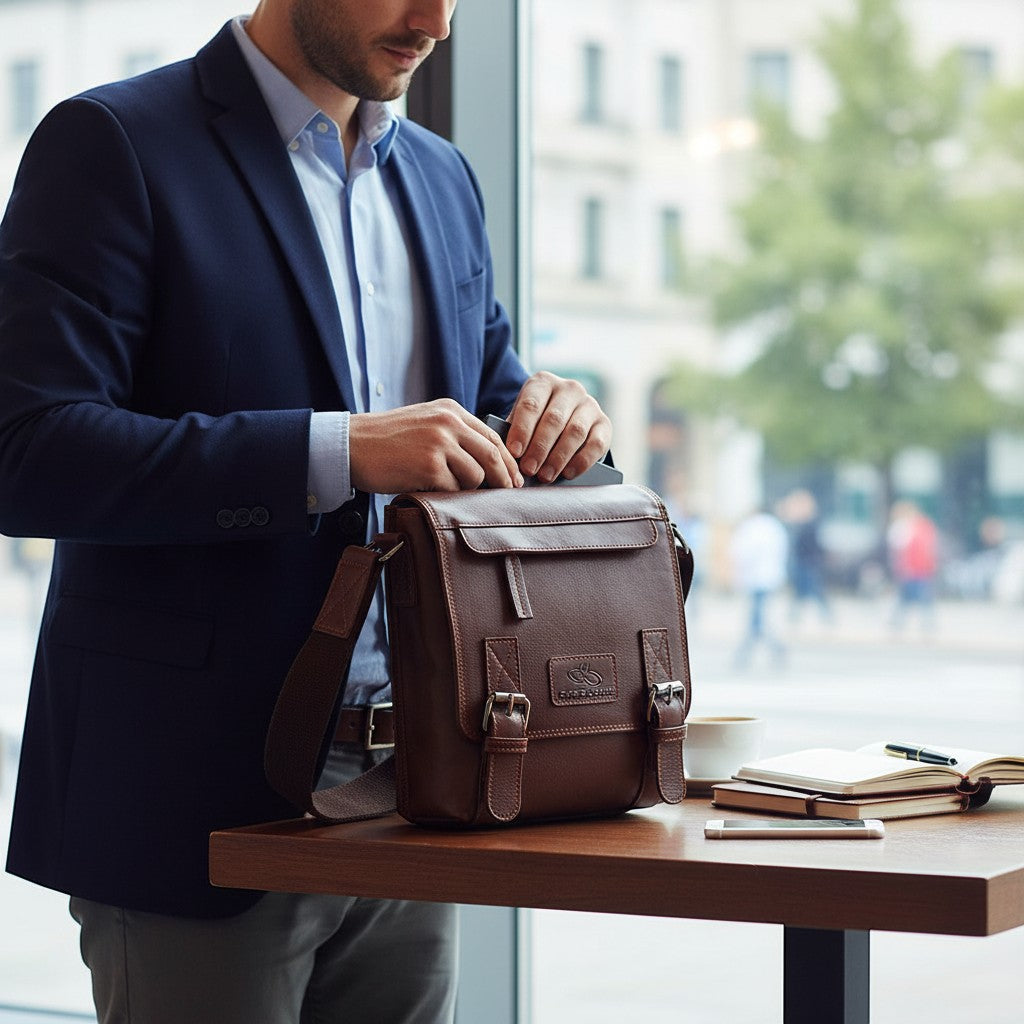 Chris Louis brown genuine leather crossbody travel bag with double roller buckle closure and adjustable strap.