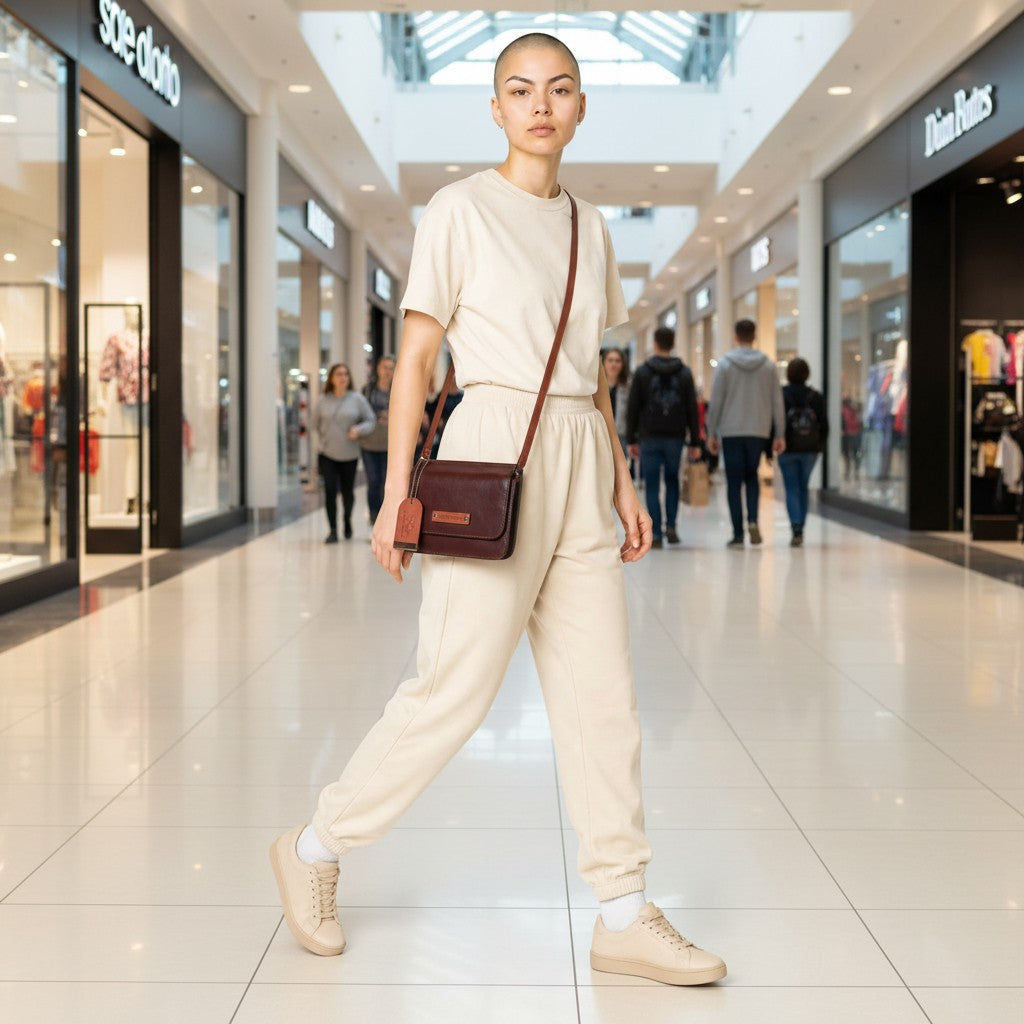 Chris Louis deep brown genuine leather crossbody wallet with orange strap and trim, featuring a flap closure and adjustable strap.