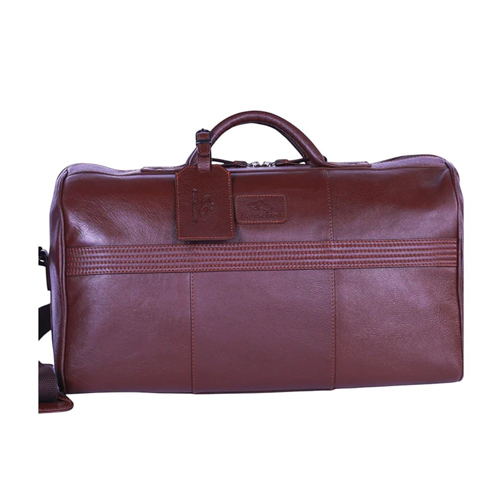 Chris Louis Ohrid Duffle Bag in brown genuine veg-tan hide leather with top handle and detachable shoulder strap.