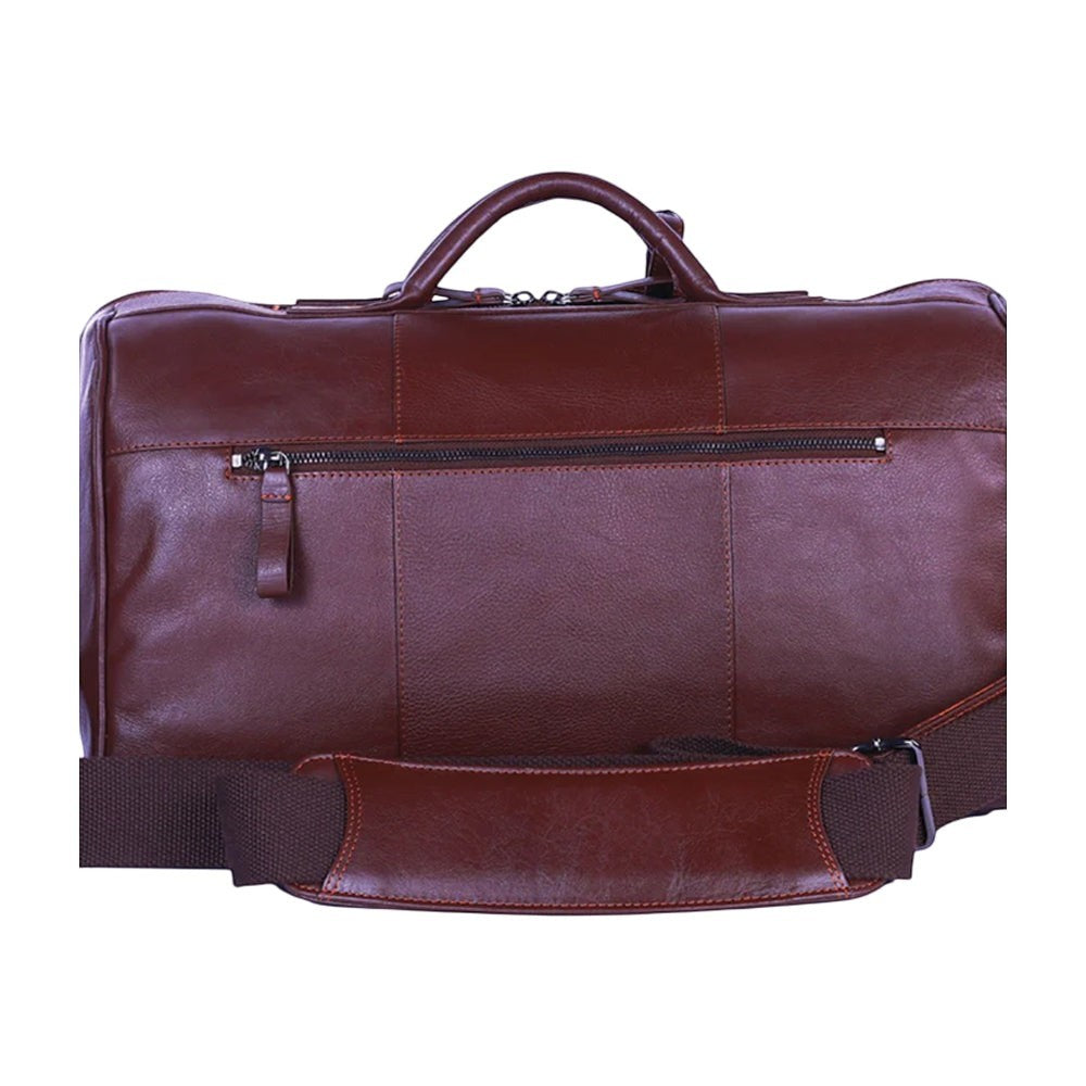 Chris Louis Ohrid Duffle Bag in brown genuine veg-tan hide leather with top handles and detachable shoulder strap.