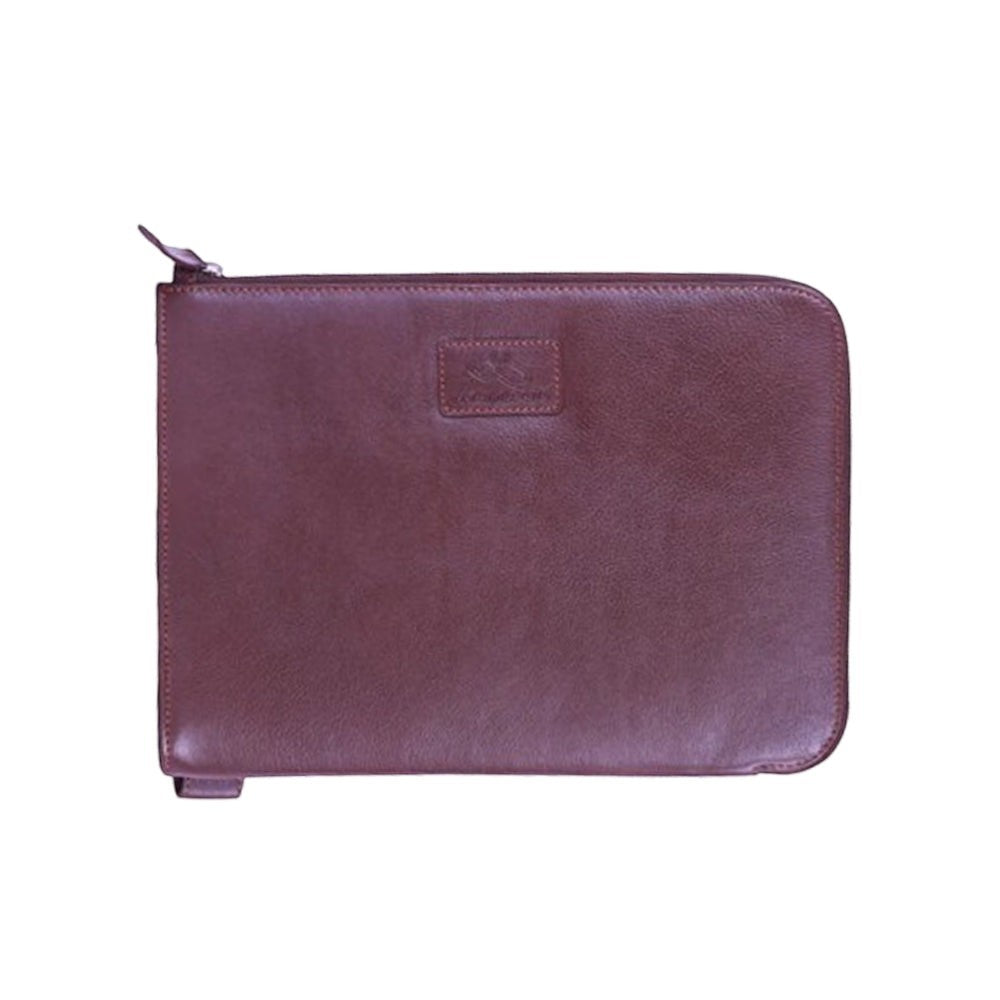 Chris Louis brown leather zippered file organizer and i-pad sleeve with embossed logo and metal hardware.