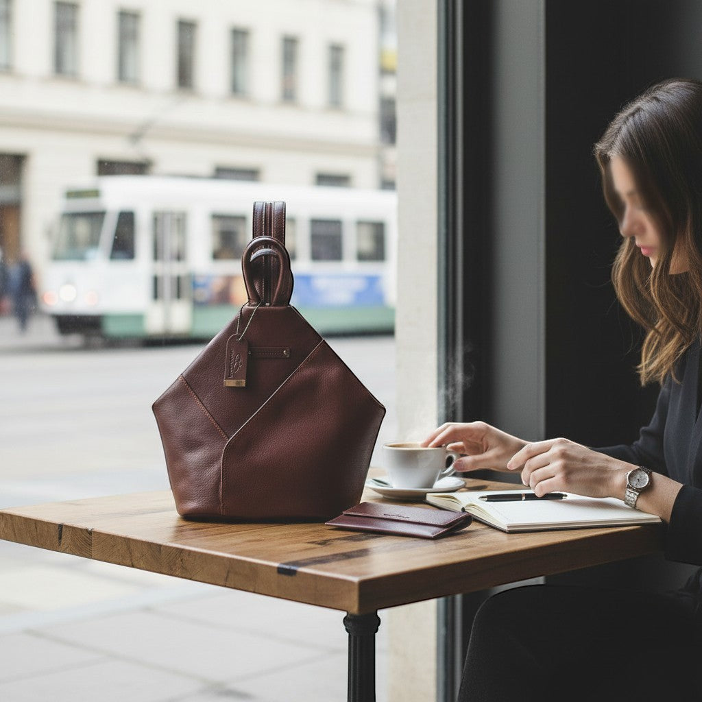 Chris Louis brown genuine leather hexagon shoulder bag with adjustable straps and metal hardware.