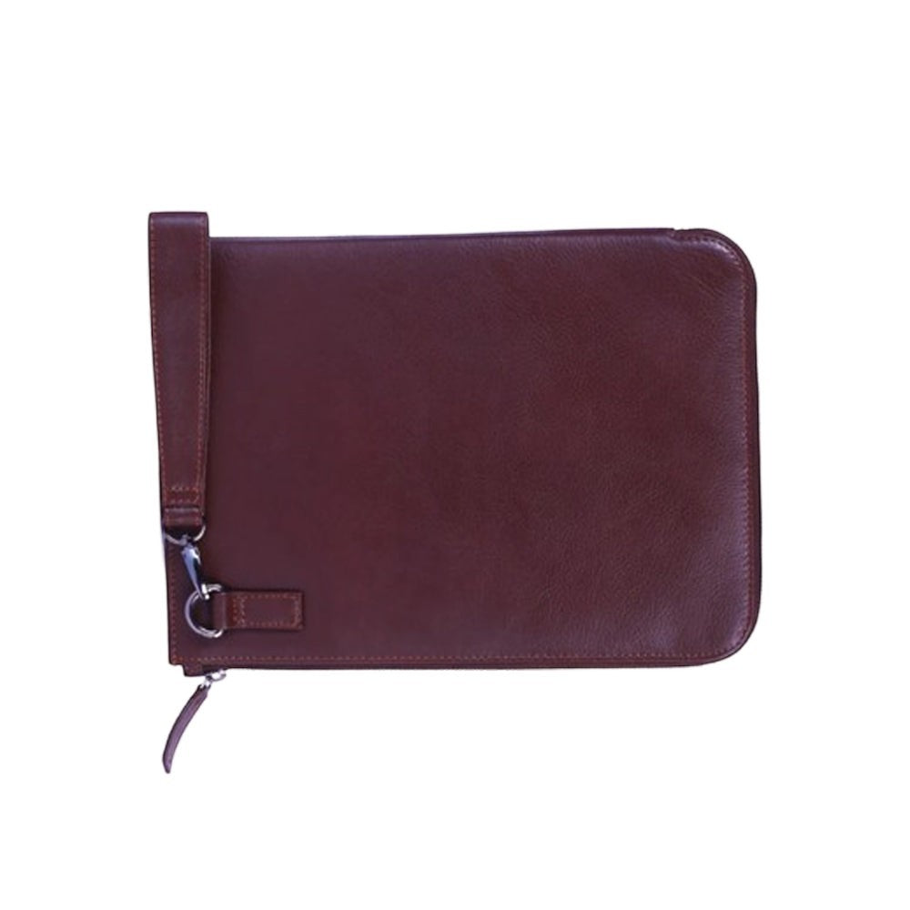 Chris Louis brown leather organizer with wristlet, fits iPad or tablet. Features zippered closure and metal hardware.