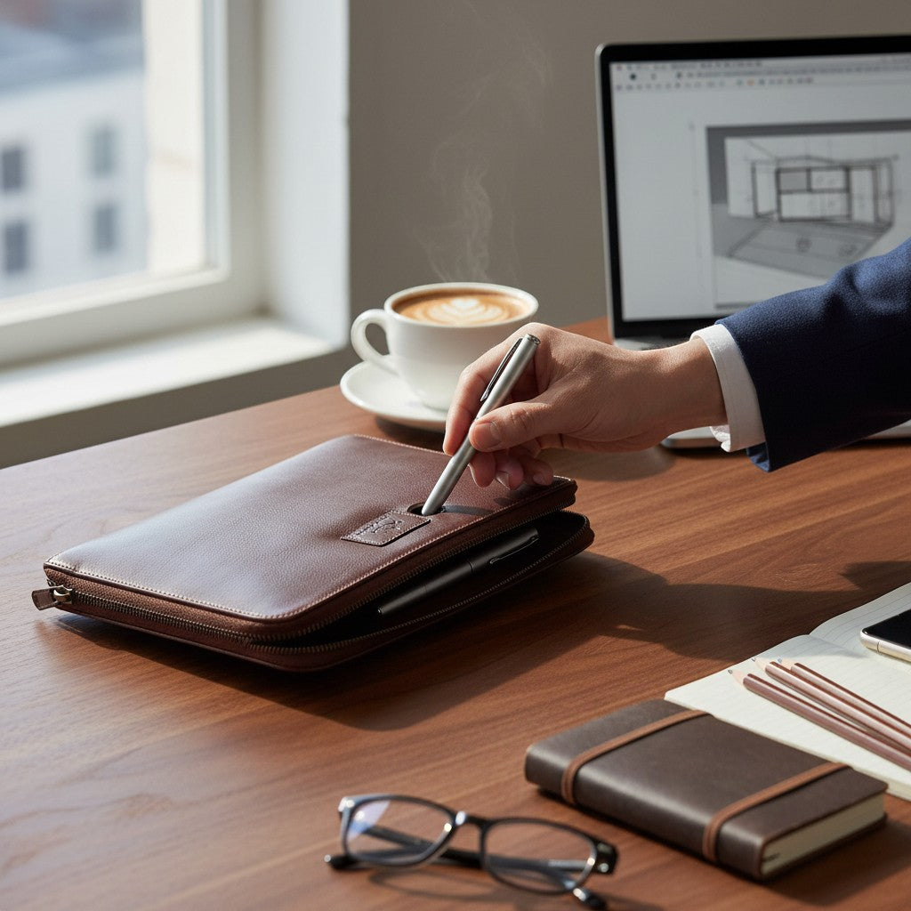 Chris Louis brown leather zippered organizer for iPad/files, with slip pocket and detachable wristlet.
