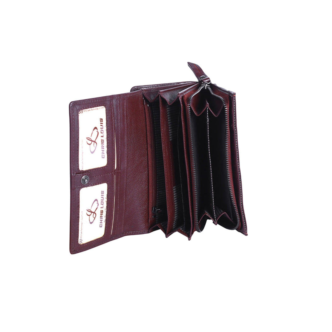 Chris Louis brown genuine leather flap clutch ladies wallet with 22 card slots, 4 ID windows, 6 slip pockets, and 2 note compartments.