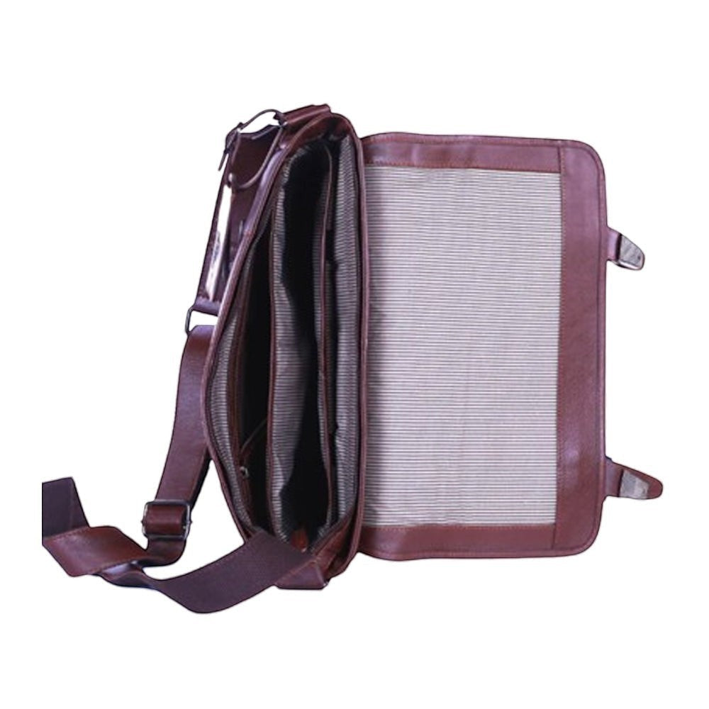 Chris Louis brown leather messenger bag with multiple compartments and adjustable strap.