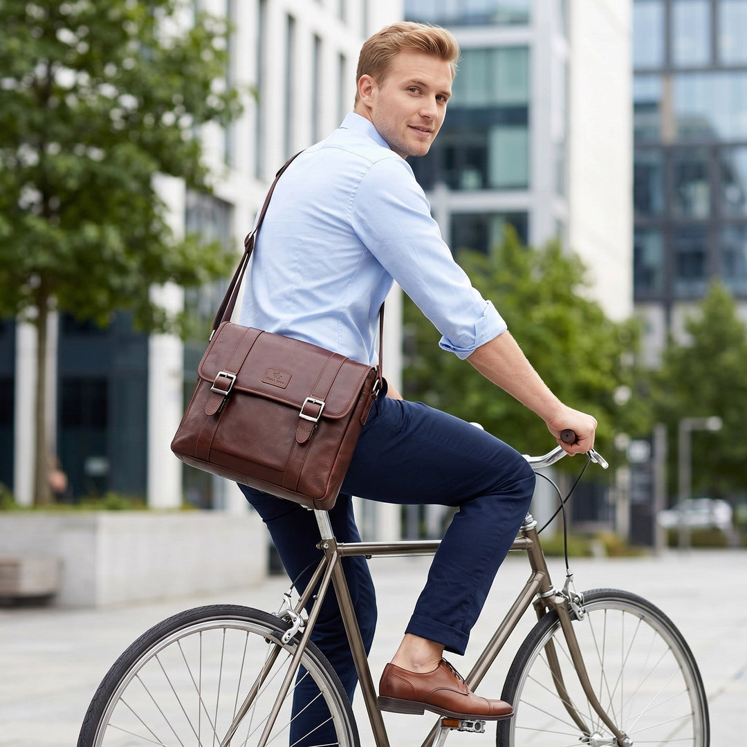 Chris Louis brown genuine leather messenger bag with flap, buckle closures, and adjustable strap.