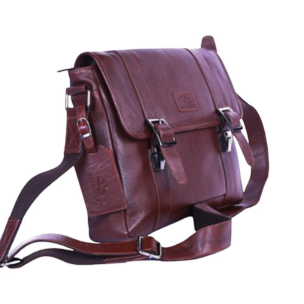 Chris Louis brown genuine leather messenger bag with flap, buckle closures, and adjustable strap.