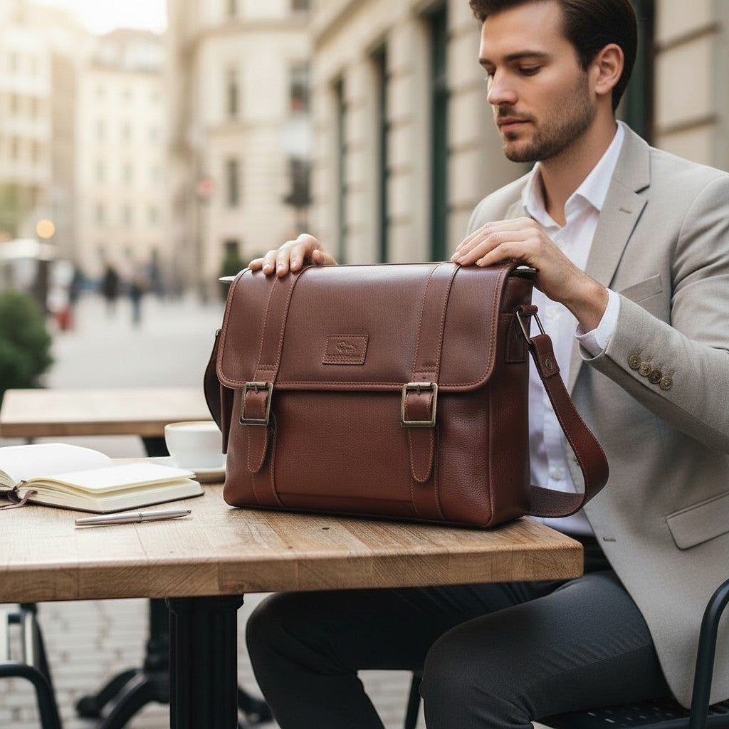 Chris Louis brown genuine leather messenger bag with buckle closures and adjustable strap, ideal for work.