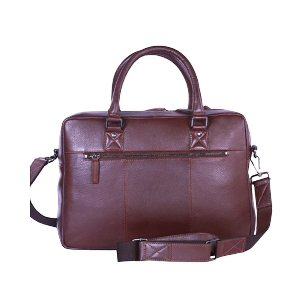 Chris Louis brown full-grain leather office bag with top handles and detachable shoulder strap. Features multiple zipper pockets.