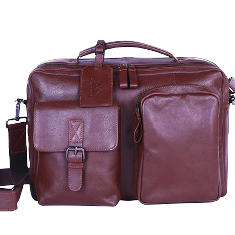 Chris Louis brown full-grain leather office bag with top handle, detachable strap, and multiple pockets.