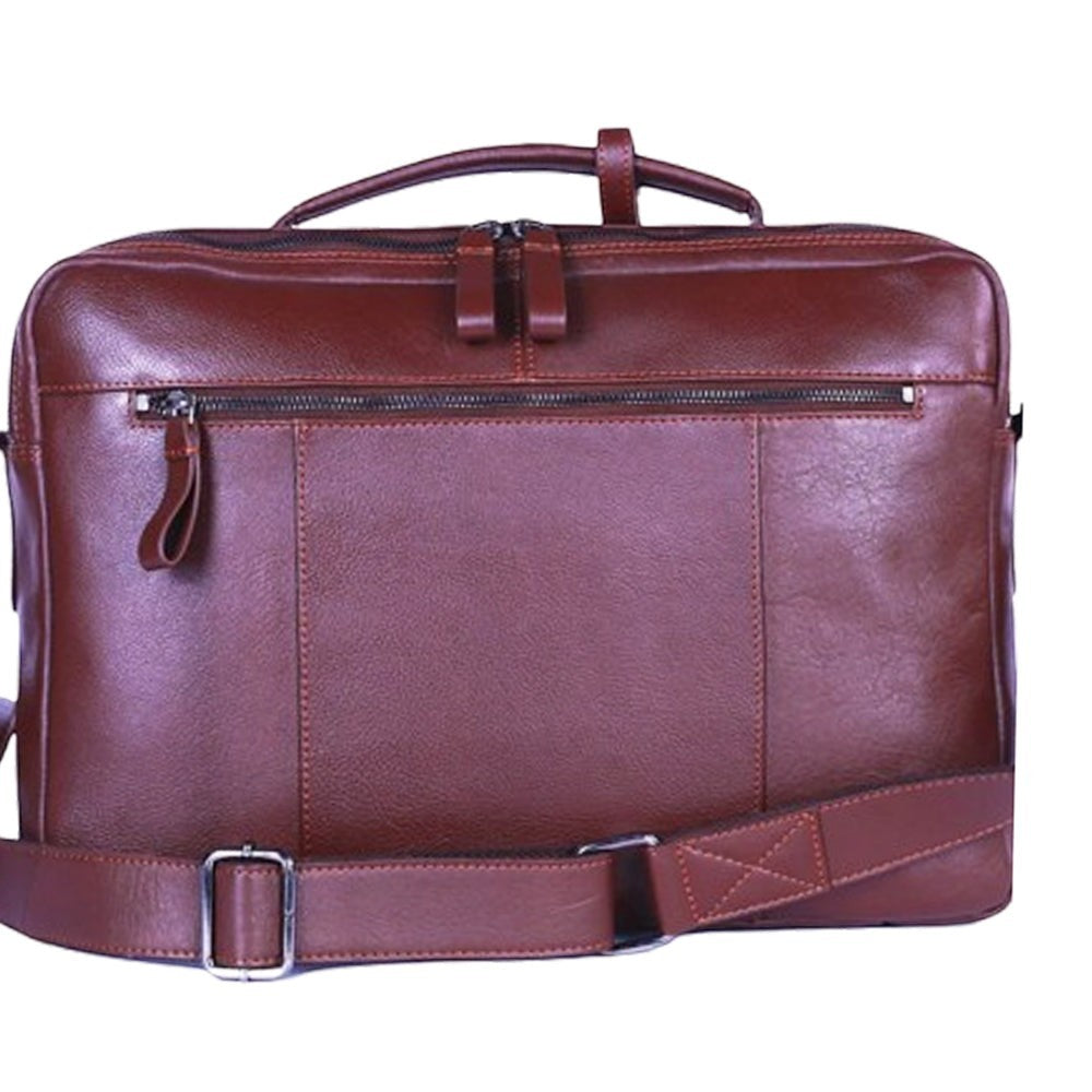 Chris Louis brown full-grain leather office bag with top handle and detachable shoulder strap.