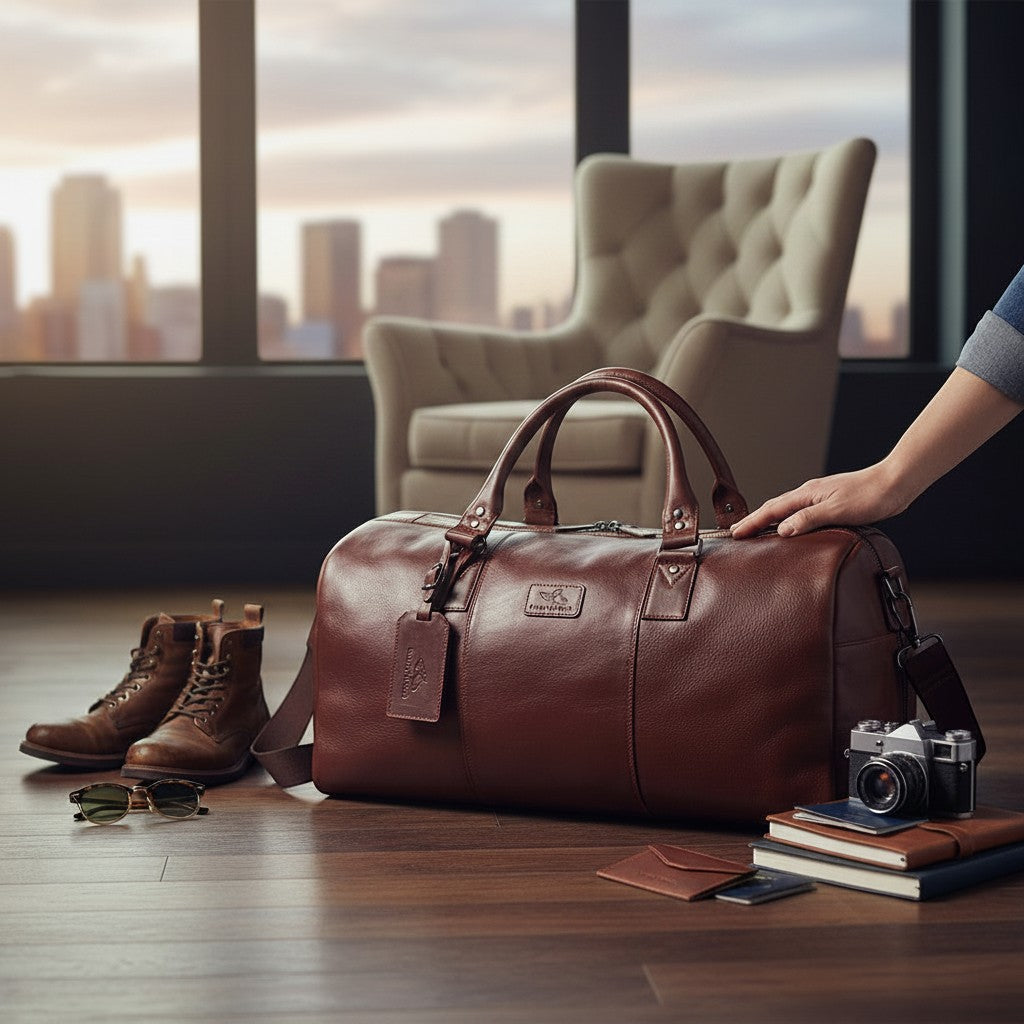 Chris Louis brown genuine veg-tan leather travel overnight bag with top handles and detachable shoulder strap.