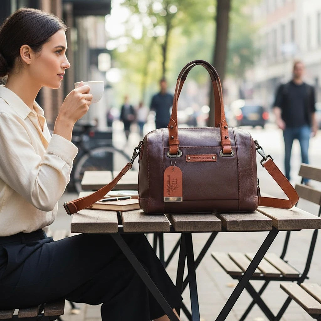 Chris Louis brown leather satchel handbag with orange accents on handles and strap, detailed stitching, and polished hardware.