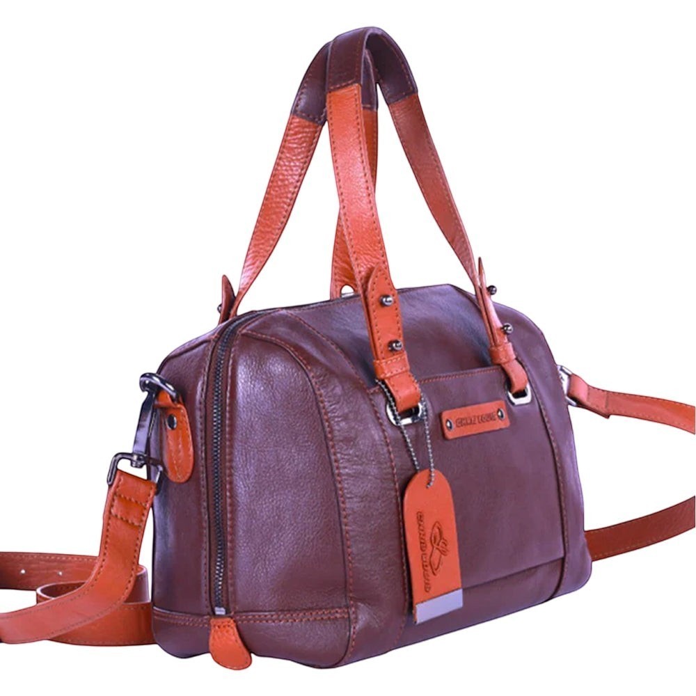 Chris Louis brown genuine leather satchel handbag with orange handles and strap. Features zip closure and detachable strap.