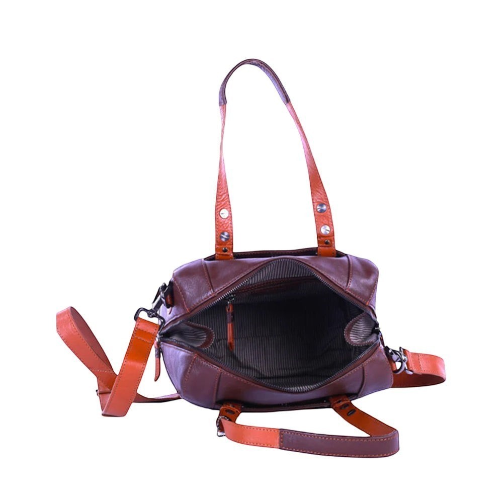 Chris Louis brown leather satchel handbag with orange accents on straps, open top, and striped interior.