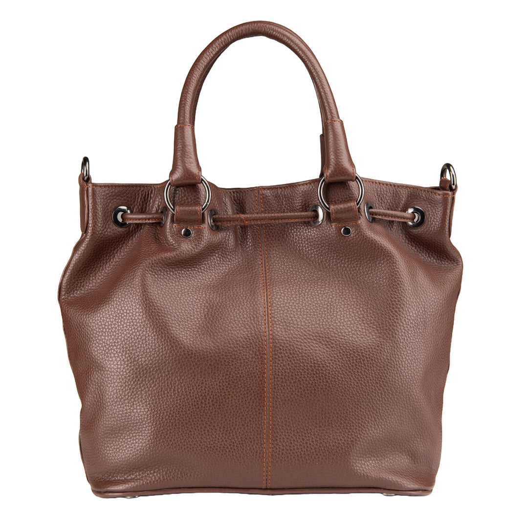 Chris Louis brown full grain leather satchel bag with drawstring closure, top handle, and metal hardware.