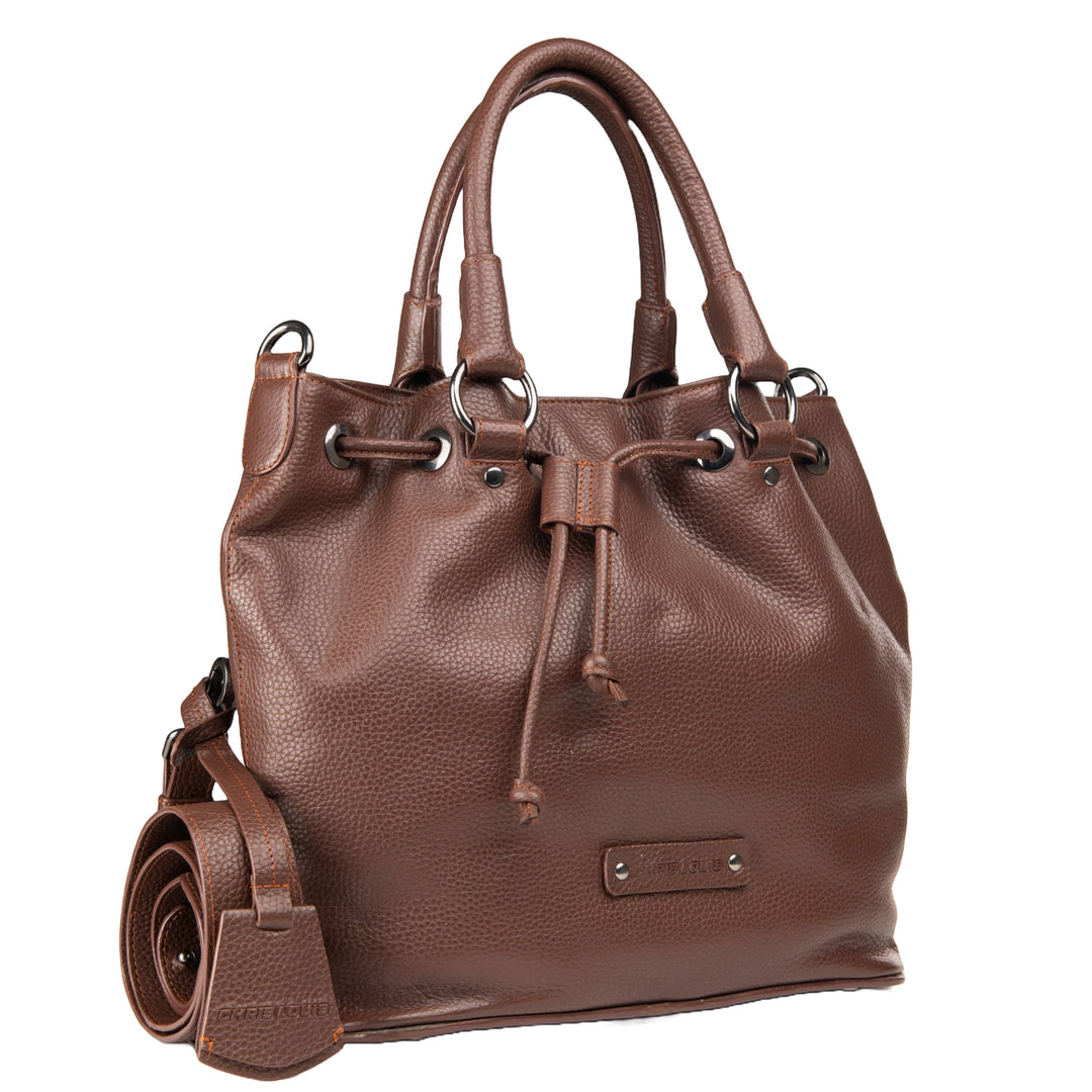 Chris Louis brown full grain leather satchel bag with drawstring closure, top handle, and adjustable crossbody strap.