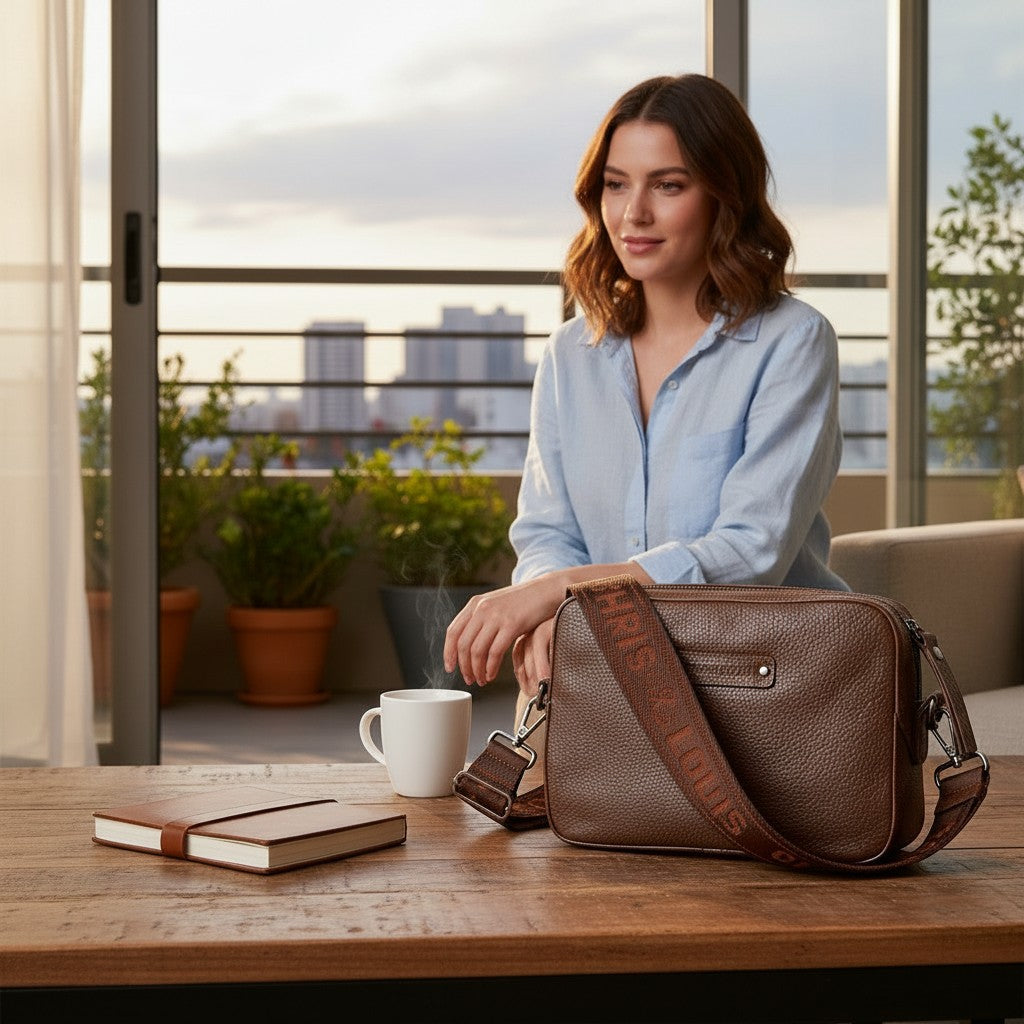 Chris Louis brown full grain leather sling bag with signature webbed strap and metal hardware. Compact design with multiple compartments.