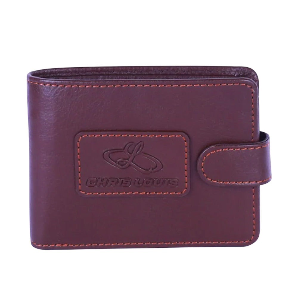 Chris Louis brown bi-fold genuine leather tab wallet with snap button closure and embossed logo.