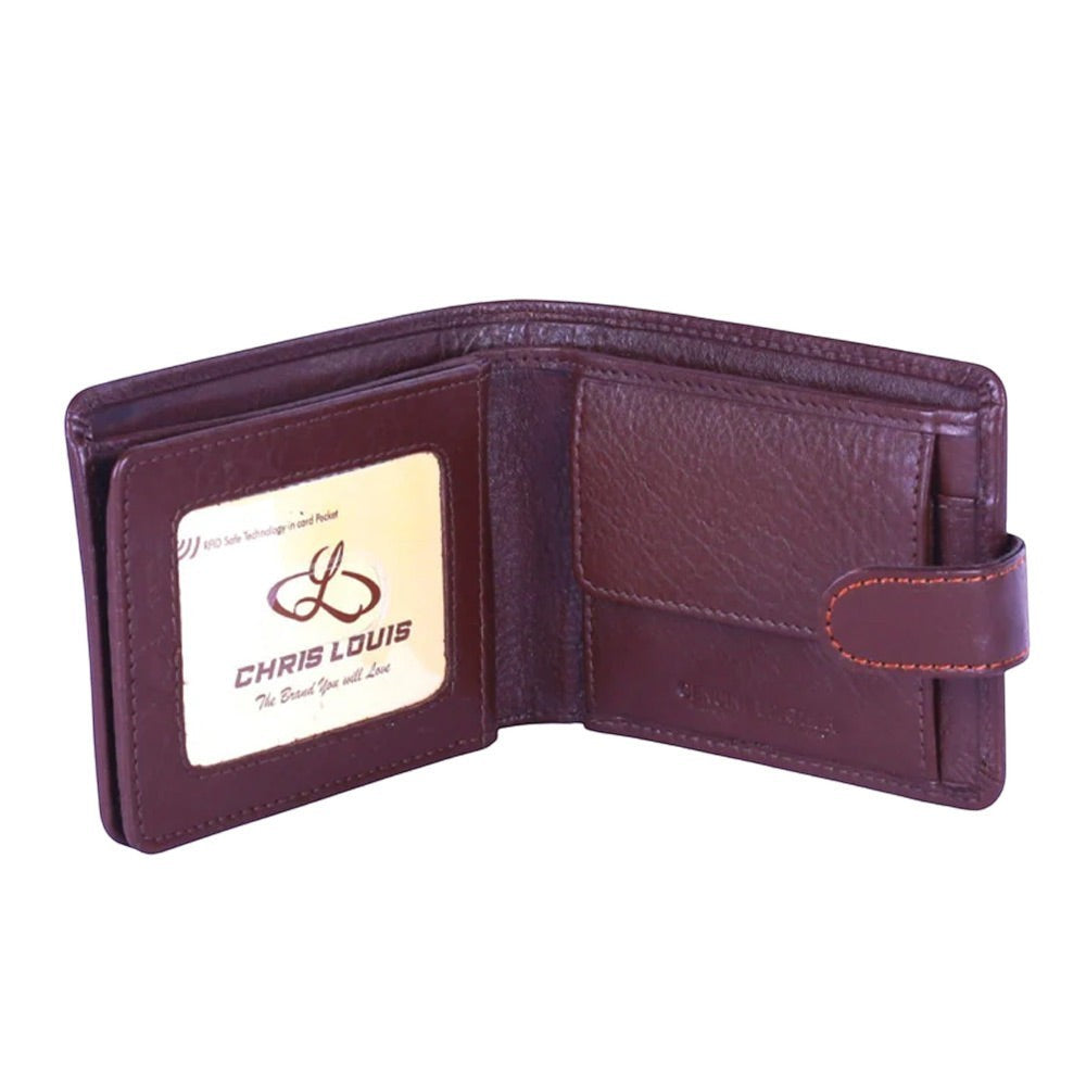 Chris Louis brown bi-fold genuine leather tab wallet with RFID protection, 6 card slots, ID window, coin pocket, and note compartments.