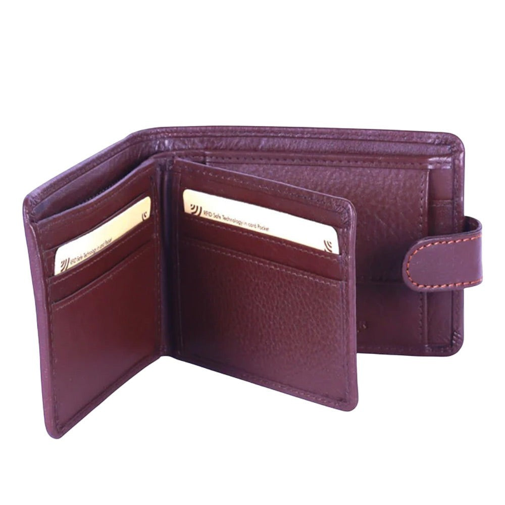 Chris Louis brown bi-fold genuine leather tab wallet with RFID protection, 6 card slots, 4 slip pockets, and coin compartment.