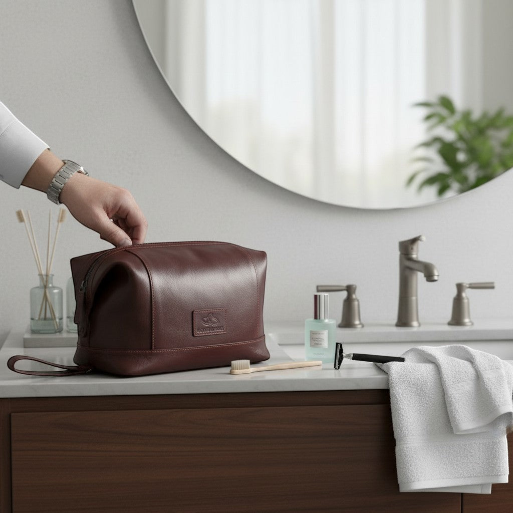 Chris Louis brown genuine leather toiletry bag with multiple compartments and zipper closure, perfect for travel.