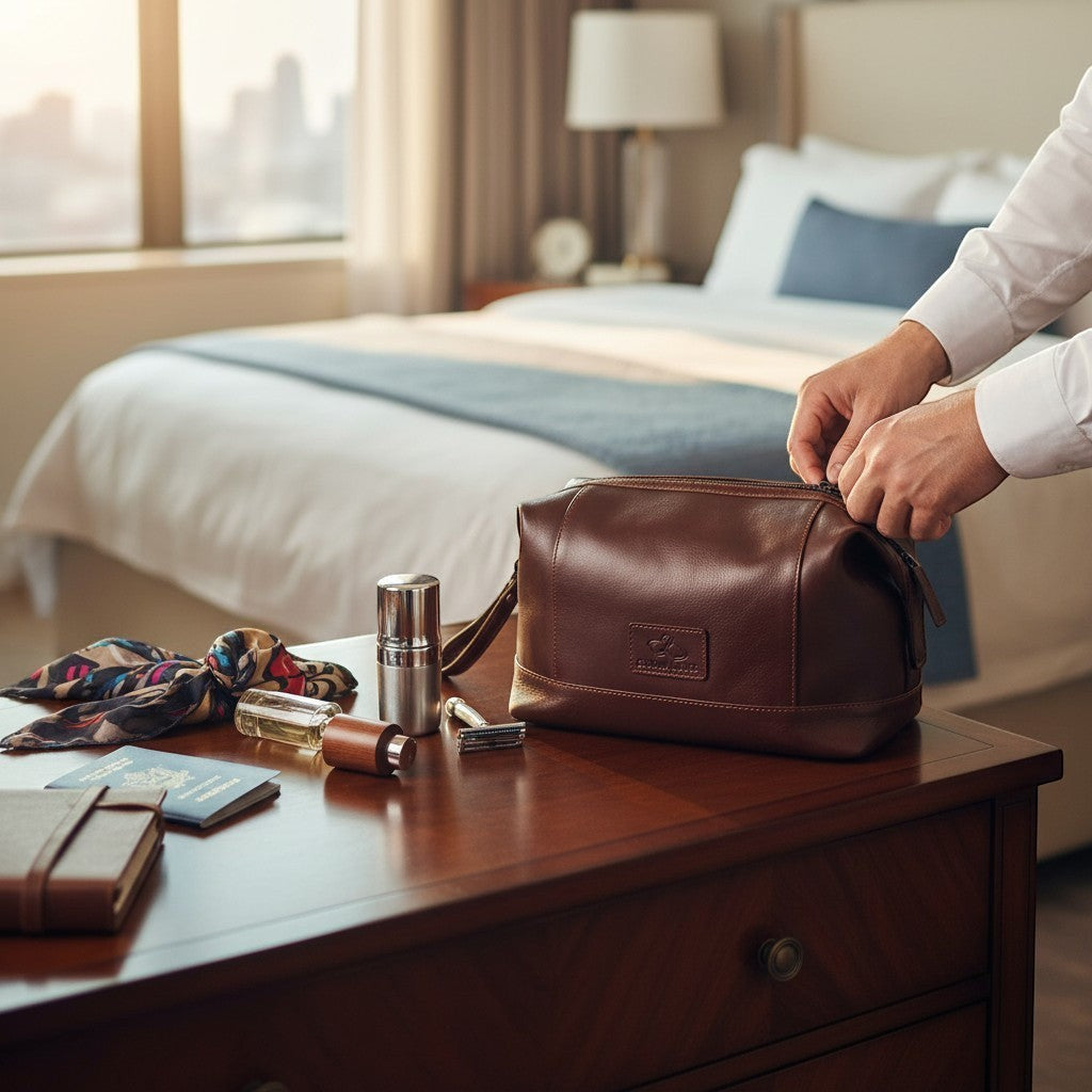 Chris Louis brown genuine leather toiletry bag with multiple compartments and zipper closure, perfect for travel.