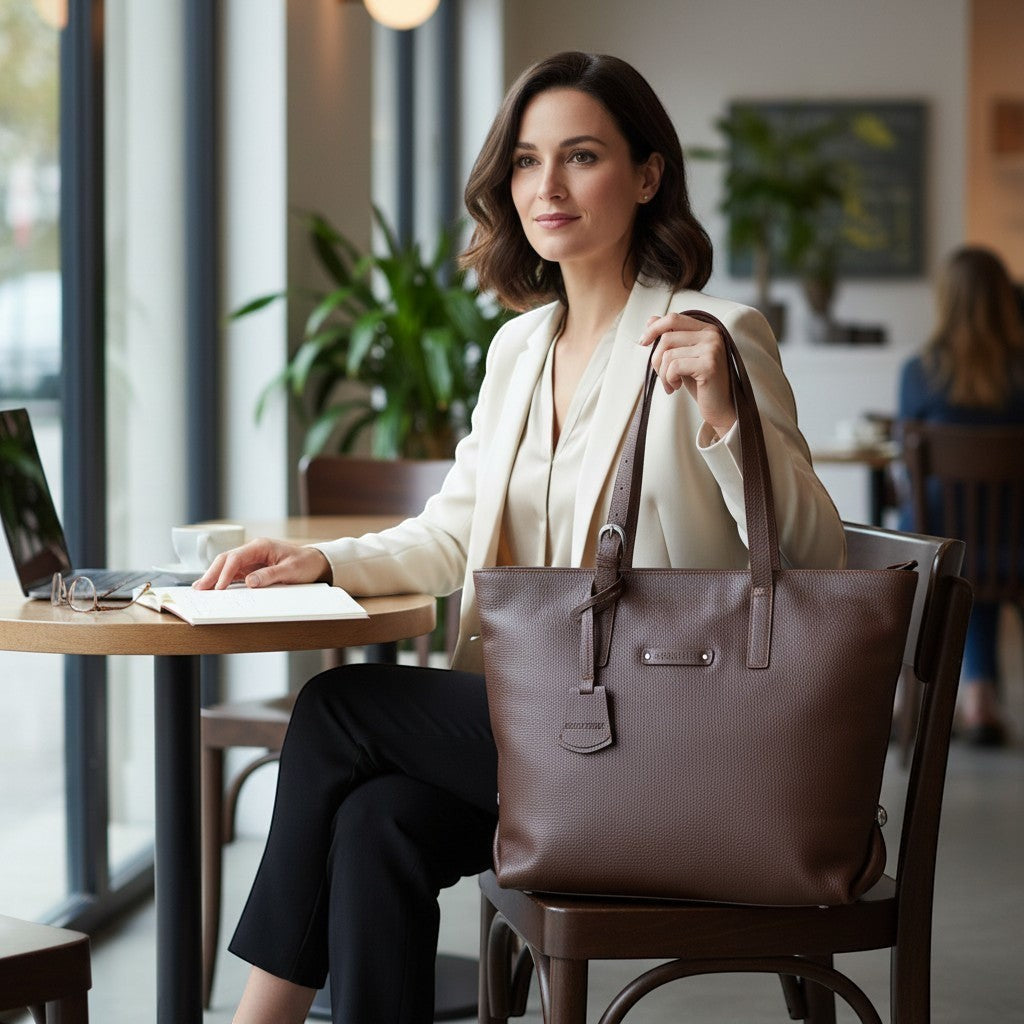 Chris Louis deep brown textured leather tote bag with adjustable strap and exterior zip pocket, held by a woman in a cream blazer.