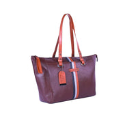 Chris Louis brown genuine leather tote bag with orange, grey, and black stripe detail. Top handles and metal hardware.