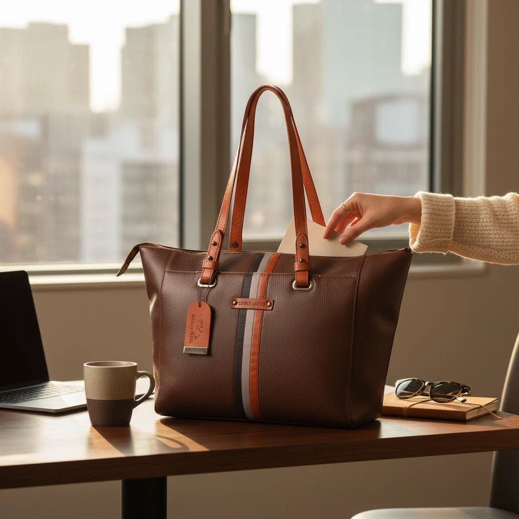 Chris Louis brown leather tote bag with orange, white, and grey stripes and orange straps. Features a zip closure and metal feet.