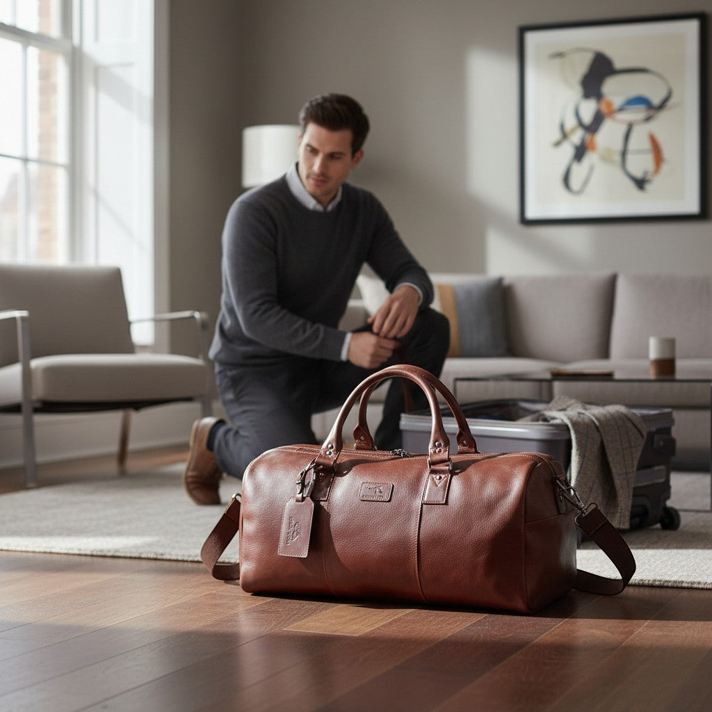 Chris Louis brown genuine leather travel overnight bag with top handles and detachable shoulder strap.
