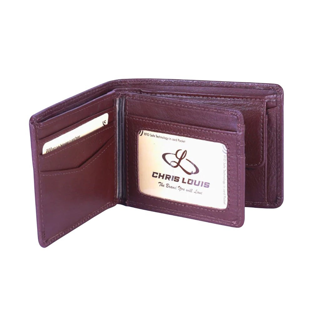 Chris Louis brown bi-fold wallet made of genuine leather with 6 card slots, ID window, coin pocket, and note compartments.