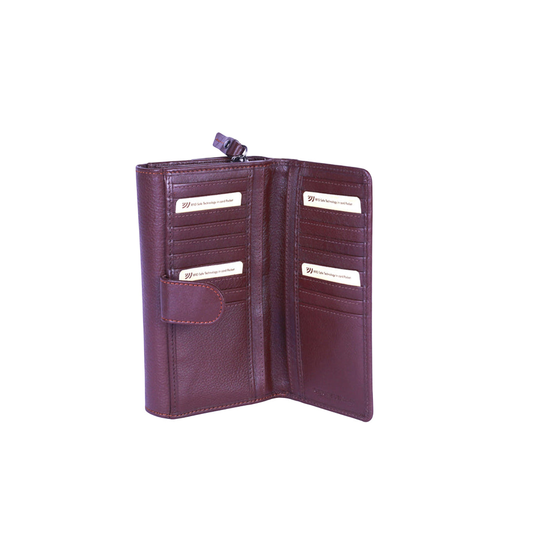 Chris Louis Beehive ladies wallet in brown genuine leather with 22 card slots, 4 ID windows, 6 slip pockets, and zipper compartment.