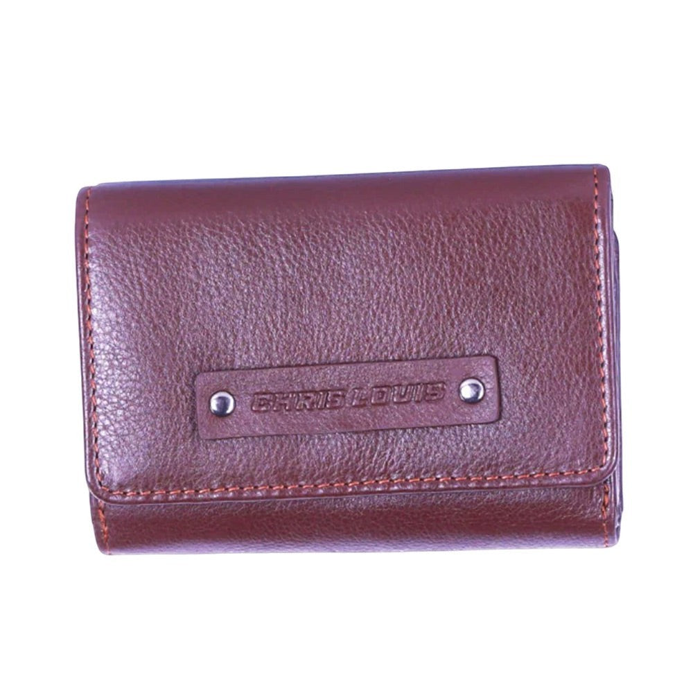 Chris Louis brown genuine leather tri-fold wallet with snap button closure and multiple card slots.