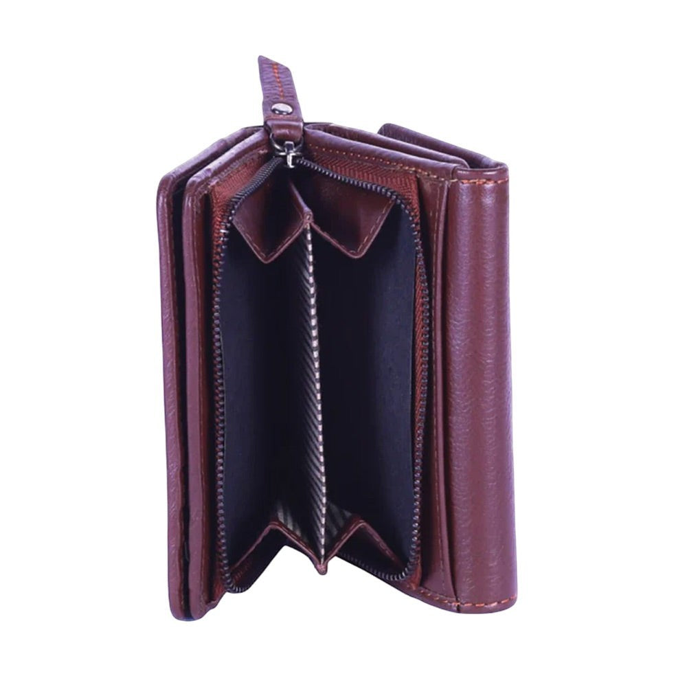 Chris Louis brown genuine leather tri-fold wallet with zip coin pocket and multiple card slots.