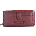 Chris Louis brown genuine leather zip-around ladies wallet with snap closure, 26 card slots, and wristlet strap.
