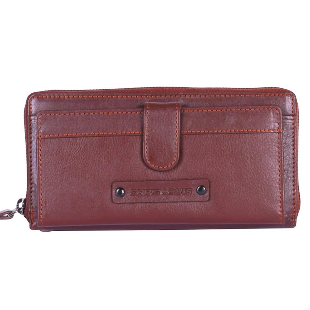 Chris Louis brown genuine leather zip-around ladies wallet with snap closure, 26 card slots, and wristlet strap.