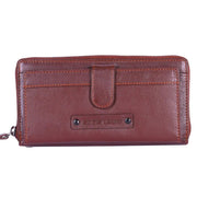 Chris Louis brown genuine leather zip-around ladies wallet with snap closure, 26 card slots, and wristlet strap.
