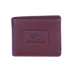 Chris Louis brown bi-fold wallet made of genuine veg-tan leather with orange stitching and embossed logo.
